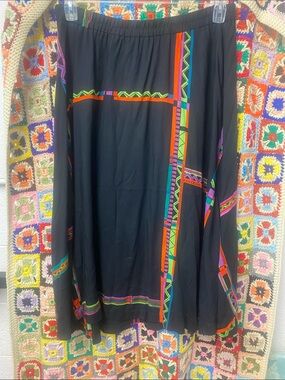 Vintage 80s- Sequel- Volup-Rayon, Black Midi Skirt with Neon Geometric Trim